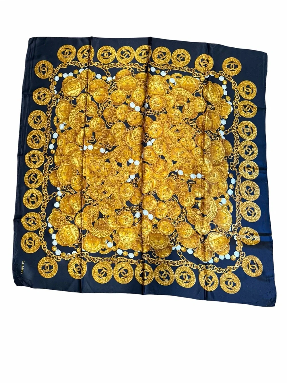 Chanel Navy & Gold Coin Print Silk Scarf